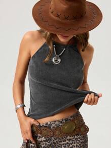 SHEIN LUNE Áo tank top kiểu miền Tây dành cho nữ, cổ chữ U, kiểu vintage rách rưới, không tay, có bèo nhún trang trí bên hông. - màu đen - Xem 3