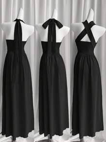 Rafferiza Women Red Boho Romantic Elegant Wedding Guest Graduation Birthday Dresses Evening Beach Sun Dress Western Wear Concert Outfit Holiday Travel V-Neck 2025 Spring And Summer New Loose Casual Halter Random Free Straps Original Design Multi-Layered Ruffled Bow Long Maxi Dress - Black - View 2