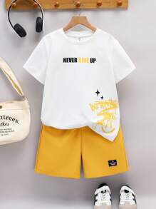 Bộ 2 áo phông cổ tròn và quần short họa tiết dễ thương phong cách đại học thường ngày cho bé trai tuổi teen, thích hợp mặc khi đi làm, đi học, thường ngày, đồ thể thao, mùa xuân/hè - Màu vàng - Xem 2