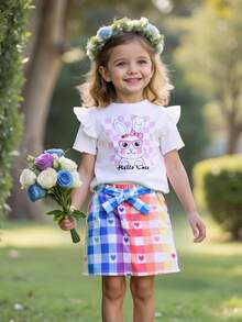 SHEIN Young Girl 2 Pieces Set: Knit Plain Cute Rabbit Graphic Round Neck Top And Woven Fitted Mini Skirt, Suitable For Easter, Baby Shower, Party, Birthday, Princess Girls Dress, School Clothes - White - View 1