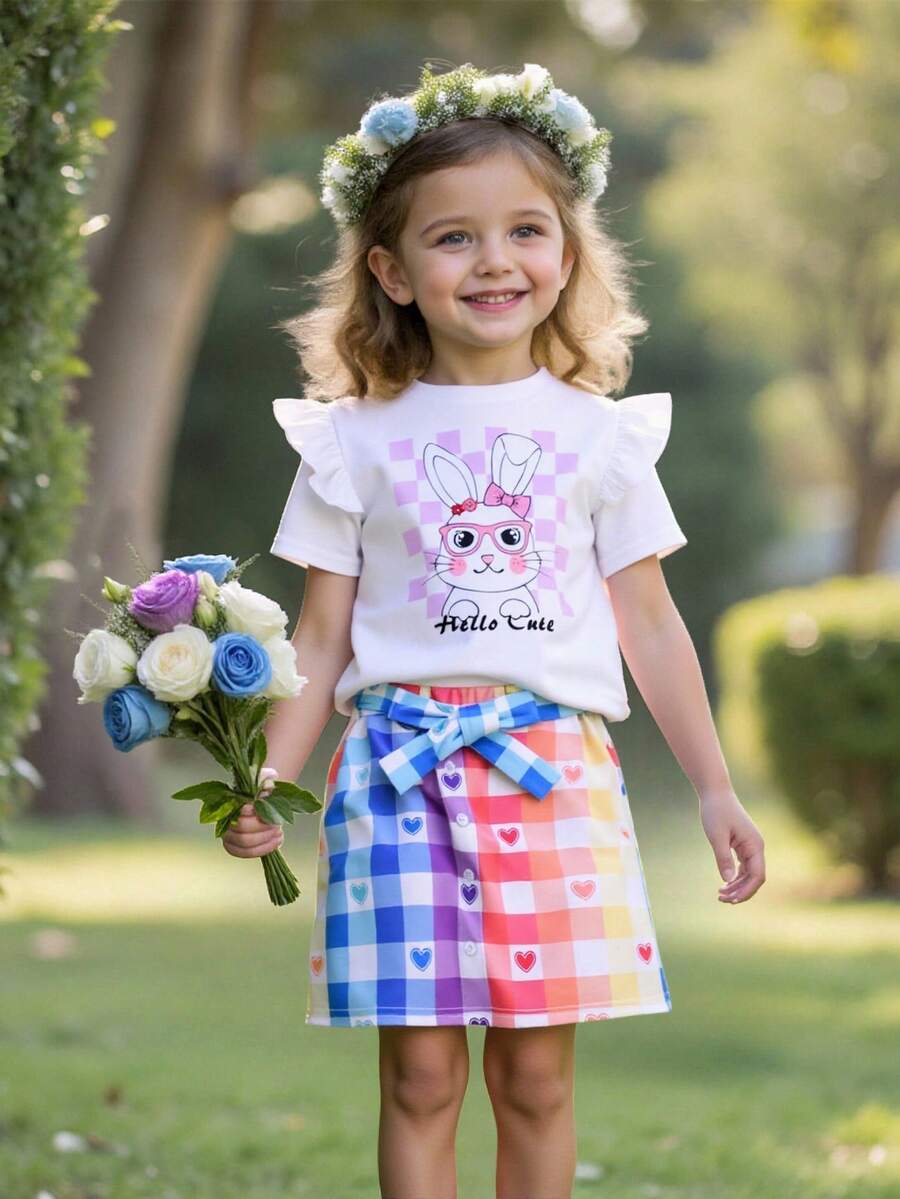 SHEIN Young Girl 2 Pieces Set: Knit Plain Cute Rabbit Graphic Round Neck Top And Woven Fitted Mini Skirt, Suitable For Easter, Baby Shower, Party, Birthday, Princess Girls Dress, School Clothes - White - View 1