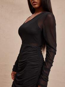 NYA SZN Robe à manches longues asymétrique avec épaules dénudées, en maille, pour occasions spéciales et événements. Robe midi sexy pour événements et rendez-vous pour femmes - Noir - Voir 7