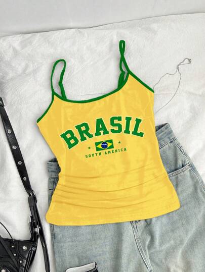 SHEIN Casual Sports City Letter "BRAZIL" Contrast Trim, Tween Girls Fitted Athleisure Racerback Tank Top