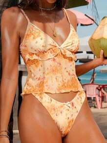 Swim Mod 2 件套随机花卉印花可调节肩带蝴蝶结装饰三角形比基尼上衣和下装 - 彩色 - 查看 1