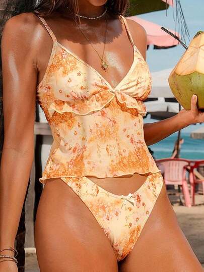 Swim Mod 2pcs/Set Random Floral Print Adjustable Shoulder Strap Bow Decorated Triangle Bikini Top And Bottoms For Summer Beach Vacation