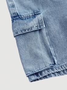 SHEIN Tween Girls' Y2K Spring Summer Flap Pocket Side Baggy Straight Leg Denim Jeans Shorts, Girls Summer Clothes Concert Outfits - Light Wash - View 3