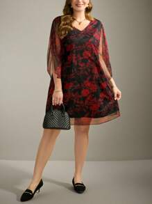 Flouryn Plus Size Women Boho Contrast Color Print Mesh Elegant Dress, Romantic Resort Wear Spring & Summer - Red - View 3