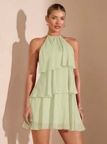 SHEIN BAE 夏季海滩度假纯红色层叠荷叶蛋糕雪纺迷你连衣裙，适合日常约会、夜间外出、夜总会、派对、聚会、鸡尾酒会、泳池派对、返校季服装、学校季连衣裙、节日连衣裙、芭蕾舞裙