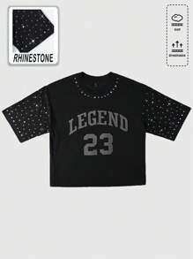 ROMWE MEN Street Life 男士街头生活宽松短袖 T 恤，带闪光水钻刺绣设计 - 黑色 - 查看 1