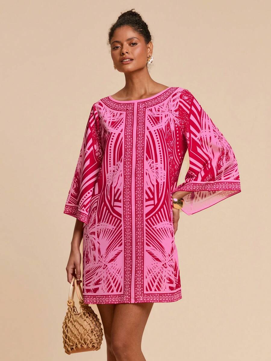 Travachic Vestido midi con estampado floral de estilo bohemio, escote en V y espalda abierta, manga de campana, adecuado para vacaciones y salidas - Multicolor - Ver 1