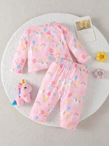 SHEIN Playful Pals 2 件套女婴可爱独角兽、彩虹、心形和花朵印花睡衣套装，长裤和长袖 - 粉色 - 查看 2