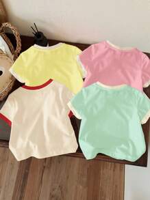 SHEIN 年轻女孩基本款圆领短袖T恤，休闲简约，适合春夏季 - 彩色 - 查看 2