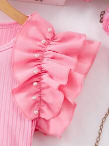 2 件套青少年女孩罗纹珍珠荷叶边下摆无袖上衣和纯色蝴蝶结短裙夏季休闲装 - 粉色 - 查看 8