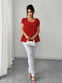 Elenzga 大码女式3D花卉休闲衬衫 - 紅色 - 查看 3