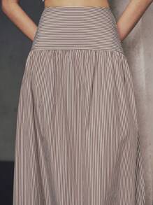 Almamuse Coffee Brown Striped Split Ruched Design Casual Beach Vacation Skirt - Coffee Brown - View 6