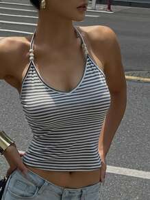 DAZY 女式夏季串珠吊带无袖黑白条纹背心，返校服装 - 灰色 - 查看 1
