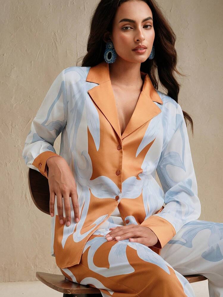 2 Peças/Conjunto Blazer e Calça Pantalona de Perna Larga com Design Impresso Casual Fashion Feminino, Primavera/Verão