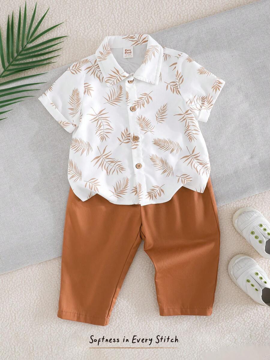 Cozy Pixies 2 Peças Conjunto de Bebê Menino com Top Cardigan de Manga Curta com Gola Polo, Estampa de Planta e Floral, e Calça Sólida de Cintura Elástica - Caqui - Visão 1