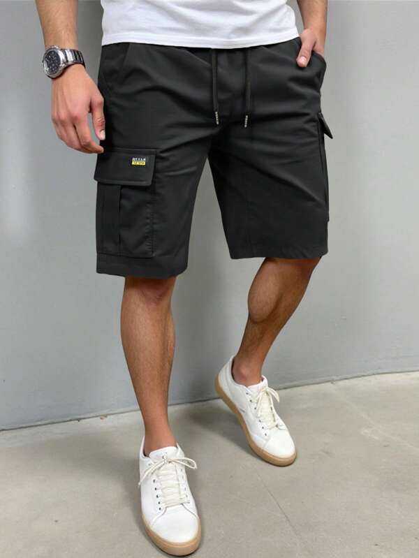 Manfinity Homme Men's Solid Color Elastic Waist Drawstring Pocket Cargo Shorts, Black Shorts, Gift For A Boyfriend Or Husband