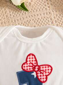 2pcs/Set Baby Girl Cute Letter Embroidery Fly Sleeve Romper And Striped Polka Dot Bow Shorts Set, Summer , 4th Of July Outfit - White - View 6