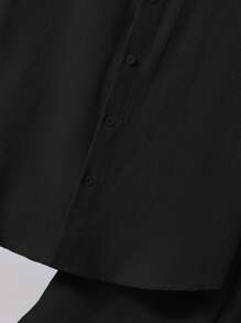 SHEIN 2件青少年男孩休闲百搭纹理短袖衬衫和短裤套装 - 黑色 - 查看 4