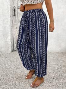 SHEIN VCAY 大码几何印花抽绳腰休闲哈伦裤 - 藍色 - 查看 3