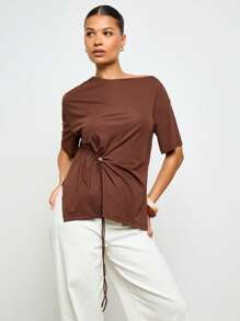 AiiRZ Drawstring Side Ruched T-Shirt Asymmetric Hem Casual Draped Design Fall Winter Essential Basic Top