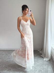 Rafferiza Women's Floral Lace Elegant Long Dress, Spaghetti Strap, Summer - Multicolor - View 8