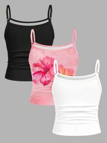 3 件套樱桃兰花扎染热带花卉印花修身吊带背心，青少年女孩休闲运动度假复古椰子女孩波西米亚风夏季