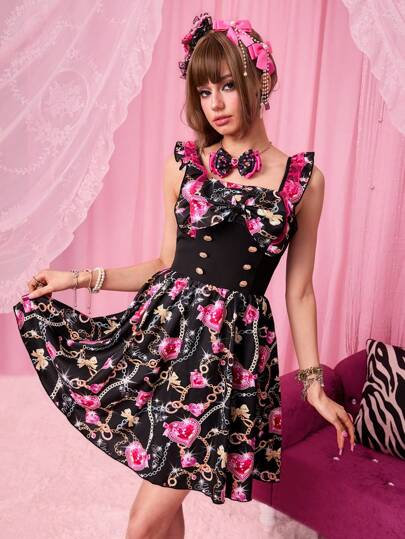 ROMWE Avant Women's Vintage Style Harajuku Fashion Colorblock Bow Lace Trim Chain Print Mini Dress