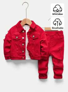 SHEIN 男婴 2 件套白色休闲可爱破洞磨边翻领长袖牛仔夹克和高弹力紧身蓝色牛仔裤，适合男婴秋装和户外服装