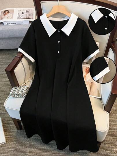 GlowEve CURVE 大码女式黑白拼色休闲衬衫领连衣裙