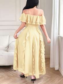 Feyla Vestido largo de mujer elegante de unicolor con volantes 3D florales, hombros descubiertos y bajo asimétrico - Amarillo - Ver 9