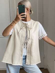 DAZY Women's Bowknot Denim Vest Top - Khaki - View 2