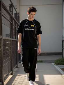 SHEIN Explorewe 2 pezzi Set di pantaloni sportivi e maglietta a girocollo con stampa di lettere per ragazzi adolescenti - nero - Visualizzare 3