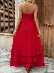 Breezaya Women's Elegant Boho Strapless Bubble Dress Holiday Beach Red Summer - Red - View 2