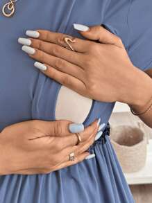 SHEIN Maternity Solid Color Round Neck Short Sleeve Casual Breastfeeding Dress - Blue - View 5
