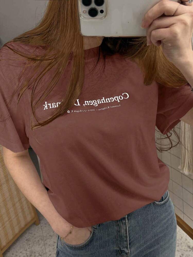 Women Casual Round Neck Short Sleeve Letter Print T-Shirt, Summer Preppy Tops