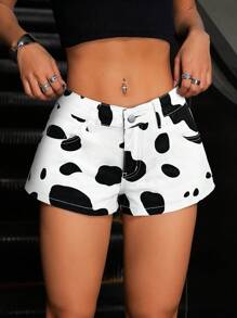 Jeanoix 复古美式奶牛图案低腰女士修身牛仔短裤