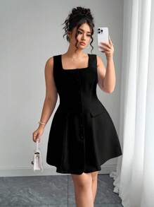 优雅女士蓝色方领纽扣开衫和高低裙连衣裙，带假口袋，加大码