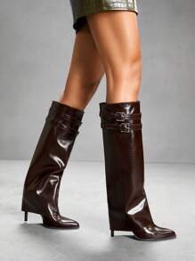 CUCCOO SZL 时尚咖啡棕色裤靴，尖头高筒细跟过膝性感女士马靴 - 咖啡棕 - 查看 8