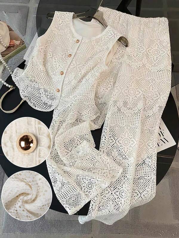 Regalyn Plus Size Women Casual Elegancki 2-częściowy zestaw koronkowy