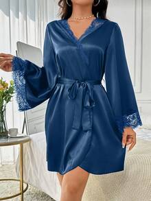 Côtesoire Luxury Plain Satin Robe With Lace Details And Belted Waist For A Chic Look Lace Robe, Fall Lace Sleepwear Lingerie Robe, Winter - Royal Blue - View 3