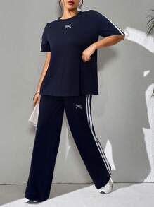 Seusyu Bộ 2 áo cánh tay ngắn in nơ và sọc cho nữ và quần dài - Màu xanh lam - Xem 6