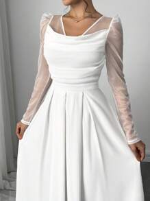 Firerie 女士新款优雅水钻雪纺长袖喇叭领连衣裙、白色连衣裙、节日连衣裙、沙滩裙、休闲日常装/骄傲装女士/假期装女士/生日装/女士教师装 - 白色 - 查看 7