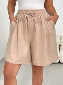 SHEIN Essnce Plus Size Women's Spring And Summer Fashion Casual Loose And Comfortable Basic Daily Versatile Slim Elastic Waist Khaki Shorts Shorts, Simple Style,Going Out Clothes,Baggy Pants,European Summer,Airport Outfit For Women,Boho,Vacation Clothes,Curve Shorts,Old Money Style,Comfy Shorts,Flowy Shorts,Bermuda Shorts