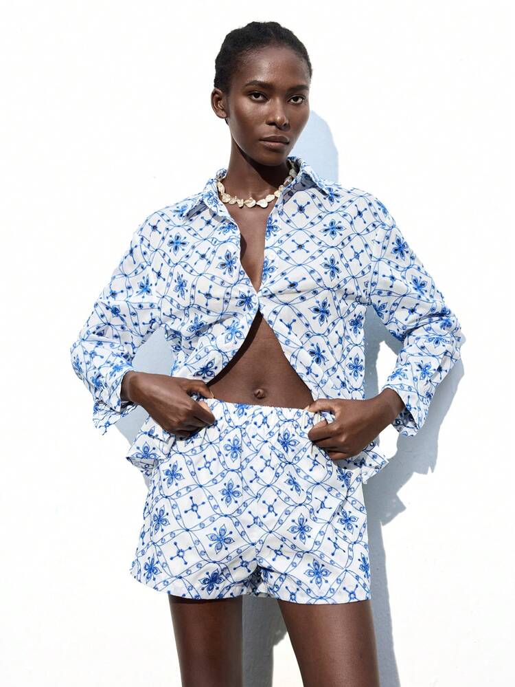 SHEIN Maija 2pcs Set: Elegant Jacquard Frill Trim Asymmetrical Hem Shoulder Strap Women Skirt Set, Suitable For Spring/Summer Holiday Blue And White Outfit Women Blue And White Shirt Beach Shirt Resort Wear