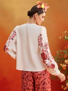 Frida Kahlo X SHEIN X Designer Oxana Placement Floral Print V Neck Flowy Puffy Long Sleeves Blouse Top Women Summer Vacation