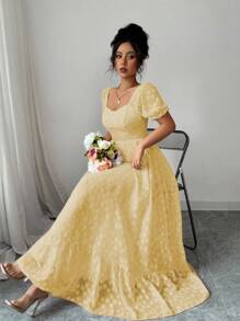 Modelyn 女士优雅甜美泡泡袖提花面料喇叭裙，夏季时尚风格 - 黃色 - 查看 5
