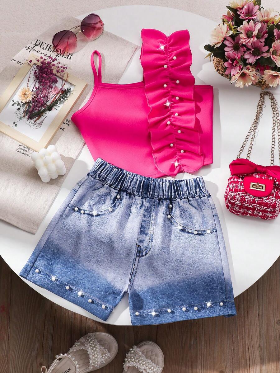 Tween Girls Summer Casual Holiday 2pcs Set: Solid Pearl Trim Cami Top & Denim Print Shorts Young Girls Sets Summer - Hot Pink - View 1